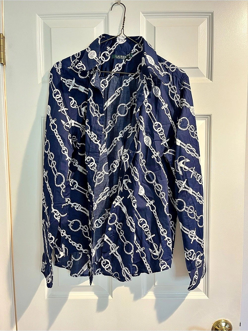 Lauren Ralph Lauren Chain Print Button Down Blue & White XL Like New